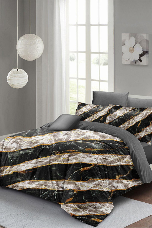 Çift Kişilik ( Lastikli Çarşaflı ) %100 Pamuk Saten Nevresim Takımı Zebra Marble