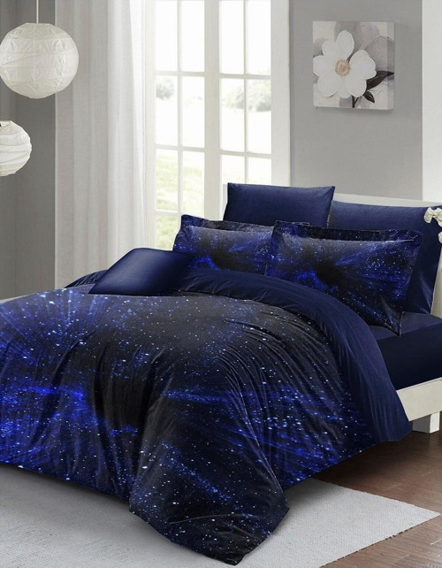 Kıng Sıze Çift Kişilik Nevresim Takımı Pamuk Saten 3D Özel Tasarım Blue Nıght