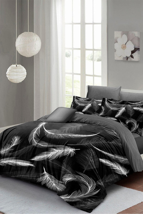 Kıng Sıze Nevresim Takımı Çift Kişilik 3D Pamuk Saten Dark Feather