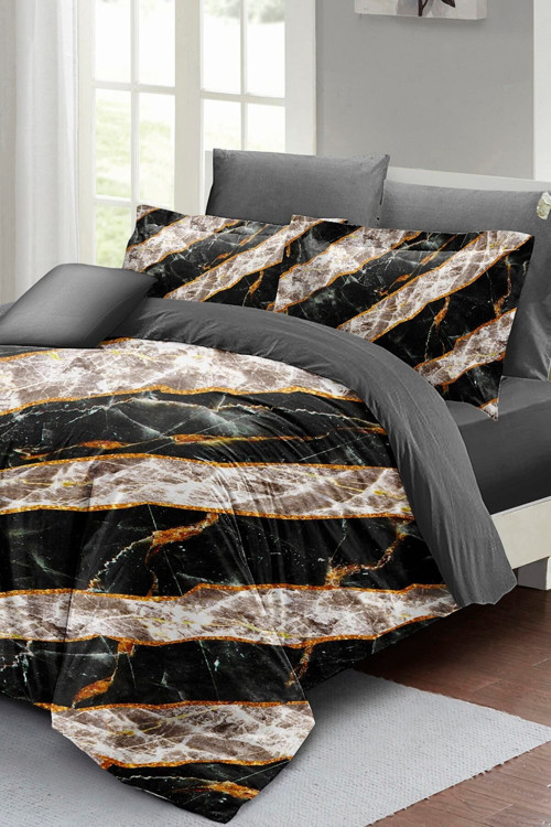 Kıng Sıze Nevresim Takımı Çift Kişilik 3D Pamuk Saten Zebra Marble