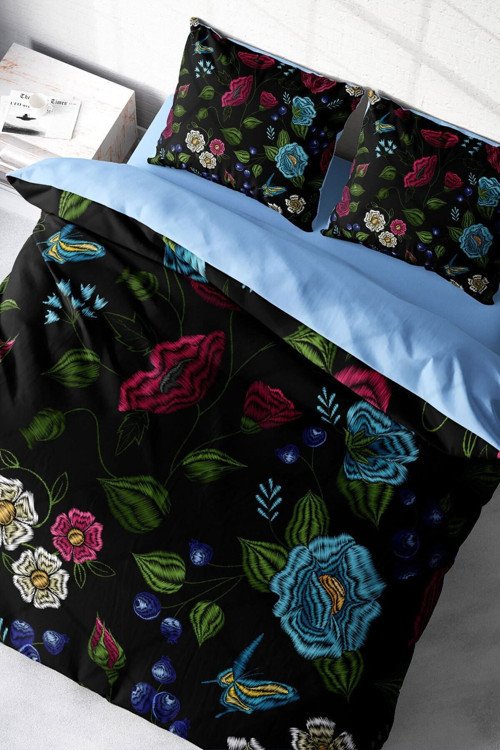 Kıng Sıze Flower Black 3D Pamuk Saten Çift Kişilik Nevresim Takımı