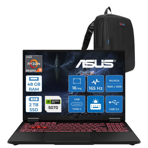 Tuf Gaming A16 FA608PP Ryzen 9 8940HX Aı 48GB Ddr5 2tb SSD 16-Inch 8GB/RTX5070 115W Wuxga Srgb %100 400NIT 165Hz,IPS Freedos Gaming Laptop ZRV159F21+ZETTAÇANTA