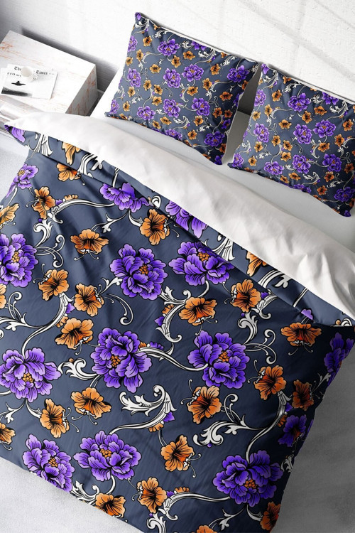Kıng Sıze Purple Floral Naturel Çift Kişilik Nevresim Takımı