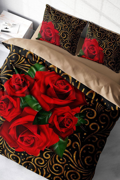 Kıng Sıze Gold & Roses 3D Çift Kişilik Nevresim Takımı