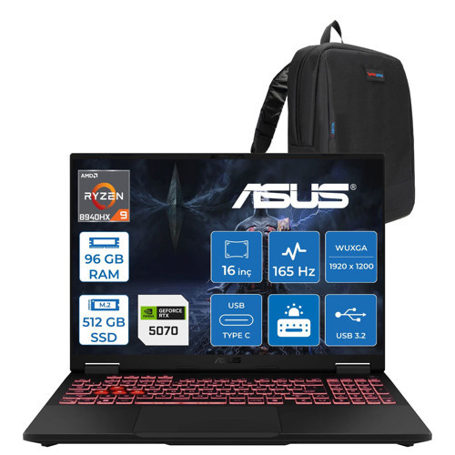 Tuf Gaming A16 FA608PP Ryzen 9 8940HX Aı 96GB Ddr5 512GB SSD 16-Inch 8GB/RTX5070 115W Wuxga Srgb %100 400NIT 165Hz,IPS Freedos Gaming Laptop ZRV159F41+ZETTAÇANTA