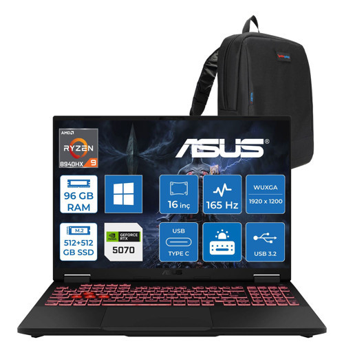 Tuf Gaming A16 FA608PP Ryzen 9 8940HX Aı 96GB Ddr5 512GB SSD+512GB SSD 16-Inch 8GB/RTX5070 115W Wuxga Srgb %100 400NIT 165Hz,IPS WINDOWS11PRO Gaming Laptop ZRV159P42+ZETTAÇANTA
