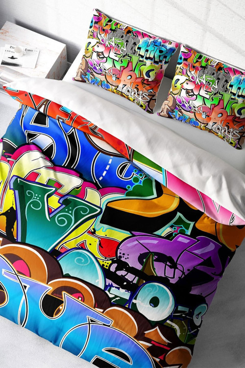 Kıng Sıze Graffiti 3D Pamuk Saten Çift Kişilik Nevresim Takımı