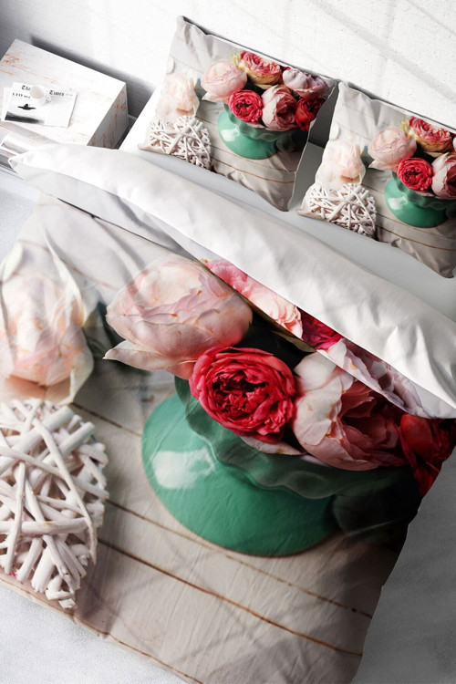 Kıng Sıze Rose Love 3D Pamuk Saten Çift Kişilik Nevresim Takımı