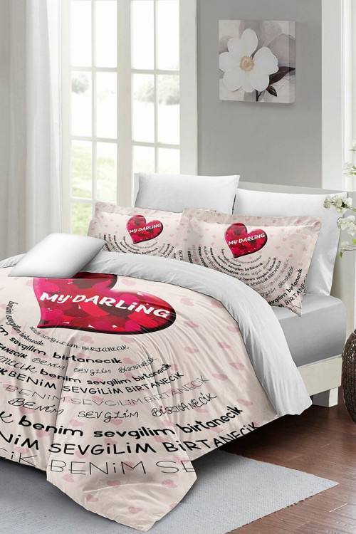Kıng Sıze Sevgililer Günü Çift Kişilik Nevresim Takımı%100 Pamuk Saten Darling White