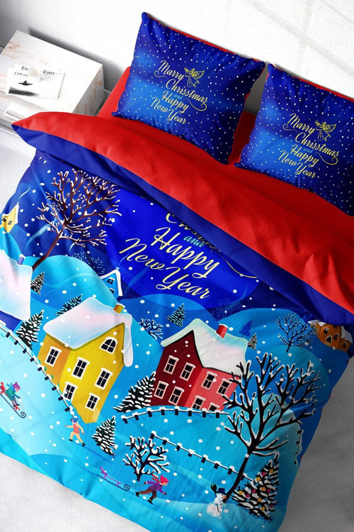 Kıng Sıze Yılbaşı Süsü Merry Christmas Çift Kişilik 3D Nevresim Takımı Pamuk Saten Snow