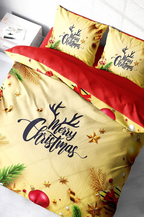 Kıng Sıze Yılbaşı Süsü Merry Christmas Çift Kişilik 3D Nevresim Takımı Pamuk Saten Yellow