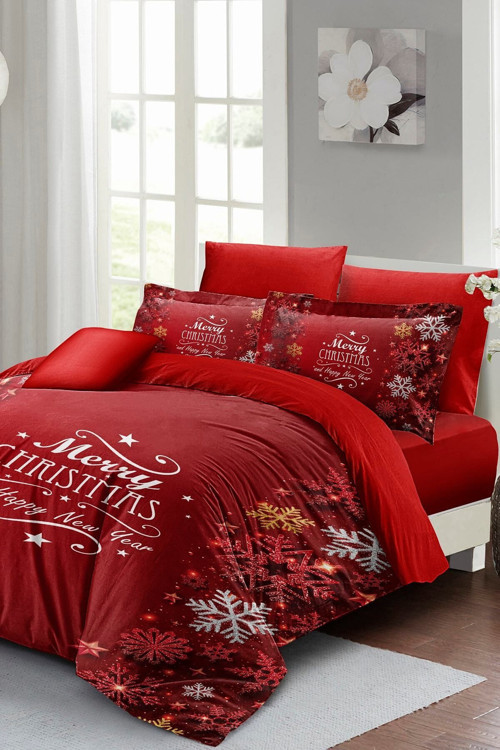 Kıng Sıze Yılbaşı Süsü Snowflake Noel %100 Pamuk Saten 3D Çift Kişilik Nevresim Takımı