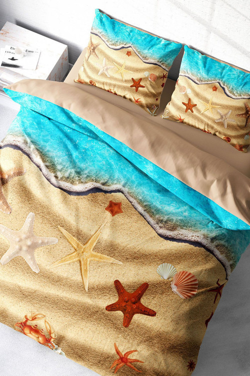 Lastikli Çarşaflı %100 Pamuk Saten Çift Kişilik Nevresim Takımı Beach Stars