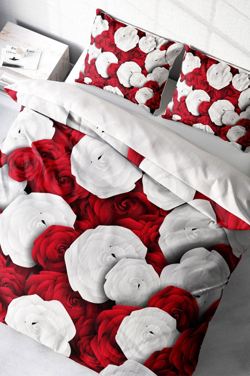 Kıng Sıze White & Red 3D Pamuk Saten Çift Kişilik Nevresim Takımı
