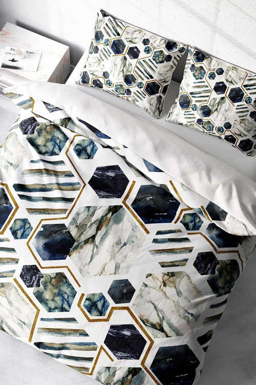Kıng Sıze White Hexagon Pamuk Saten Çift Kişilik Nevresim Takımı 3D