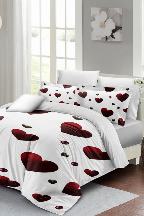 Kıng Sıze White Love 3D Pamuk Saten %100 Pamuk Çift Kişilik Nevresim Takımı