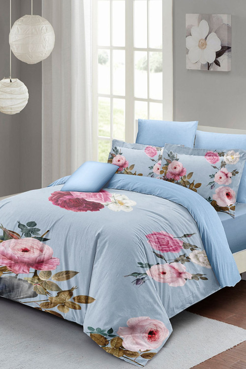 Lastikli Çarşaflı %100 Pamuk Saten Çift Kişilik Nevresim Takımı Blue Flower