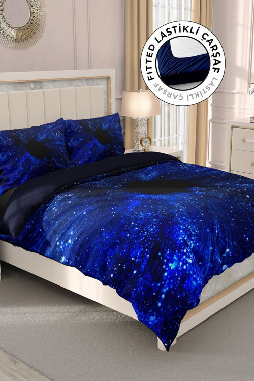 Lastikli Çarşaflı %100 Pamuk Saten Çift Kişilik Nevresim Takımı Blue Night