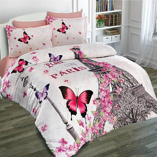 Lastikli Çarşaflı %100 Pamuk Saten Çift Kişilik Nevresim Takımı Butterfly Paris