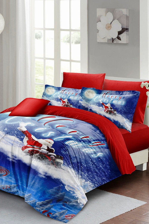 Kıng Sıze Yılbaşı Süsü Blue Noel %100 Pamuk Saten 3D Çift Kişilik Nevresim Takımı
