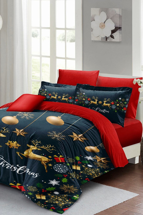 Kıng Sıze Yılbaşı Süsü Dark Deer Noel %100 Pamuk Saten 3D Çift Kişilik Nevresim Takımı