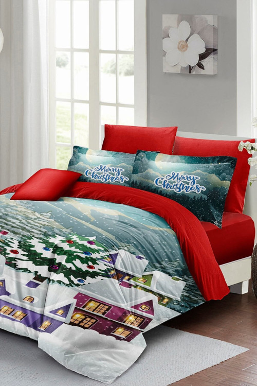 Kıng Sıze Yılbaşı Süsü Dream House Noel %100 Pamuk Saten 3D Çift Kişilik Nevresim Takımı