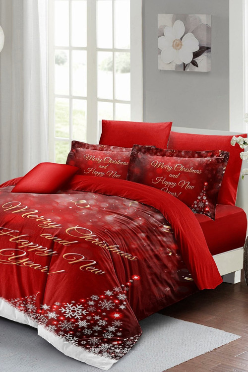 Kıng Sıze Yılbaşı Süsü Happy New Noel %100 Pamuk Saten 3D Çift Kişilik Nevresim Takımı