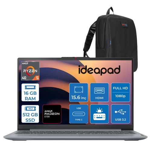 Ideapad Slim 3 15AMN8 Amd Ryzen 5 40 16GB Lpddr5 512GB SSD Amd Radeon 610M 15.6" Fhd IPS Freedos Taşınabilir Bilgisayar 882XQ01H4TXF02 + Zettaçanta