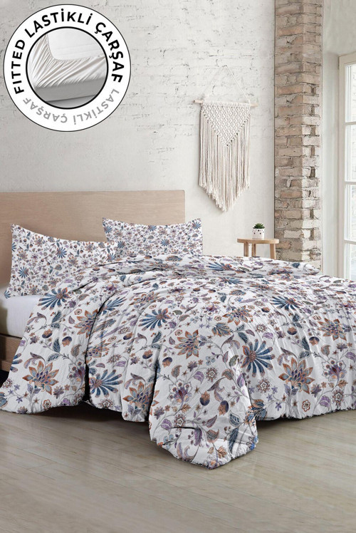 Lastikli Çarşaflı %100 Pamuk Saten Çift Kişilik Nevresim Takımı Elegant Floral Luxury