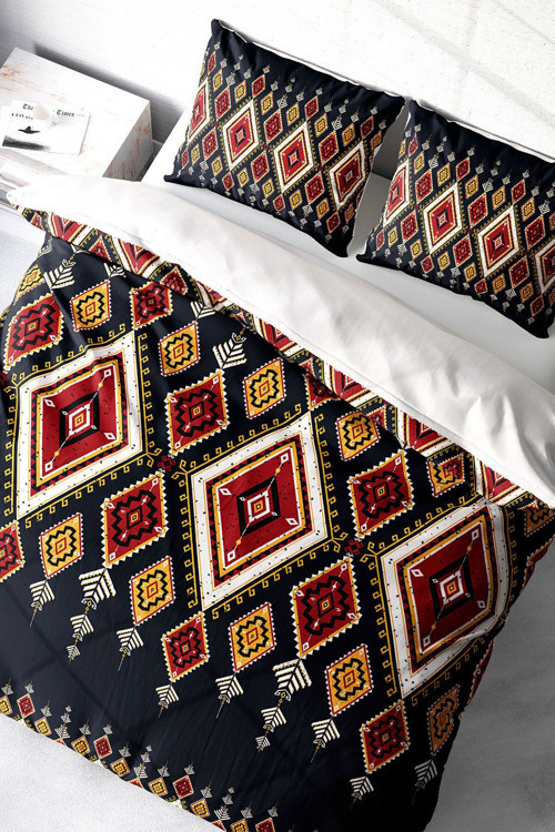 Lastikli Çarşaflı %100 Pamuk Saten Çift Kişilik Nevresim Takımı Ethnic Geometric