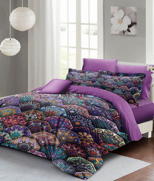 Lastikli Çarşaflı %100 Pamuk Saten Çift Kişilik Nevresim Takımı Ethnic Purple