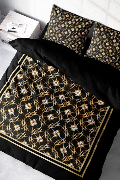 Lastikli Çarşaflı %100 Pamuk Saten Çift Kişilik Nevresim Takımı Gold Deco