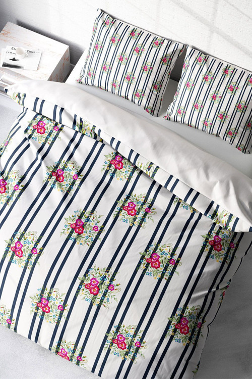 Lastikli Çarşaflı %100 Pamuk Saten Çift Kişilik Nevresim Takımı Ribbon Flowers