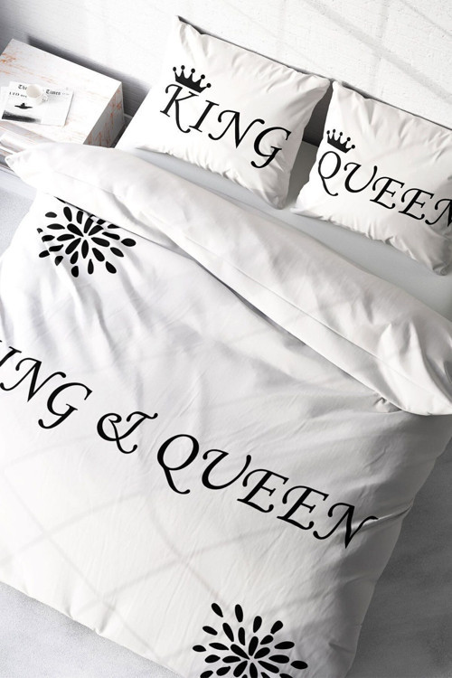 Lastikli Çarşaflı %100 Pamuk Saten Çift Kişilik Nevresim Takımı White King-Queen
