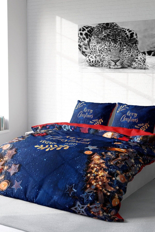 Yılbaşı Çift Kişilik Nevresim ( Lastikli Çarşaflı ) %100 Pamuk Saten Blue