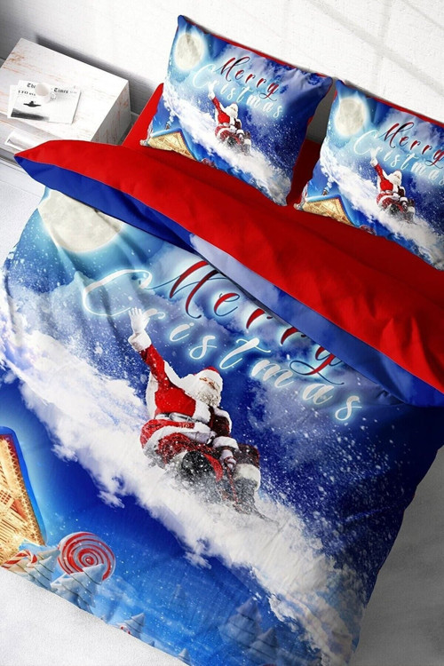 Yılbaşı Çift Kişilik Nevresim ( Lastikli Çarşaflı ) %100 Pamuk Saten Blue Noel