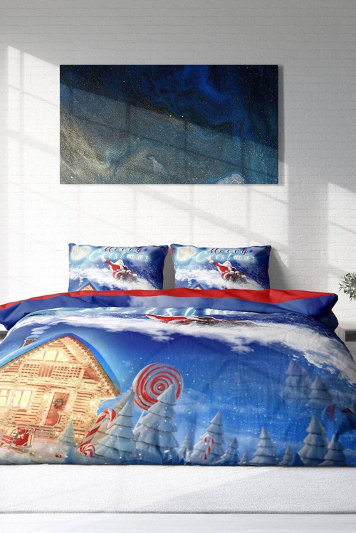 Yılbaşı Çift Kişilik Nevresim ( Lastikli Çarşaflı ) %100 Pamuk Saten Blue Snow
