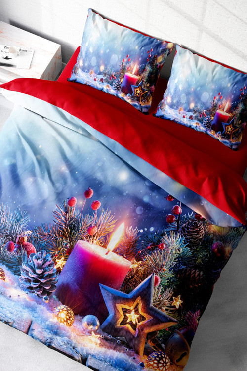 Yılbaşı Çift Kişilik Nevresim ( Lastikli Çarşaflı ) %100 Pamuk Saten Christmas Candle