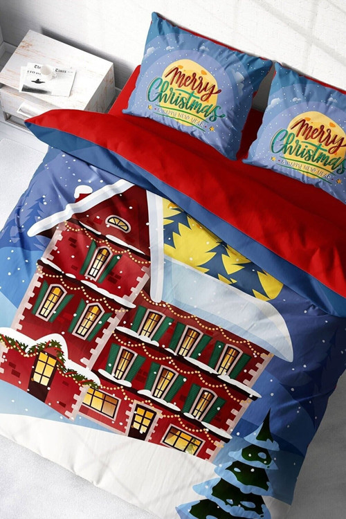 Yılbaşı Çift Kişilik Nevresim ( Lastikli Çarşaflı ) %100 Pamuk Saten House Noel