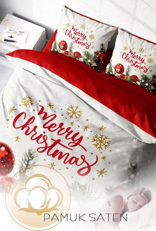 Yılbaşı Çift Kişilik Nevresim ( Lastikli Çarşaflı ) %100 Pamuk Saten Merry Christmas
