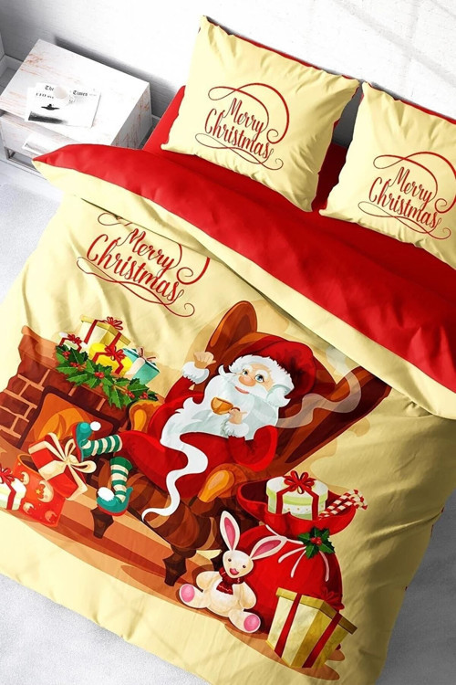 Yılbaşı Çift Kişilik Nevresim ( Lastikli Çarşaflı ) %100 Pamuk Saten Noel Baba