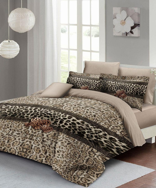 Leopar Lastikli Çarşaflı %100 Pamuk Saten Çift Kişilik Nevresim Takımı Leopard Fabric