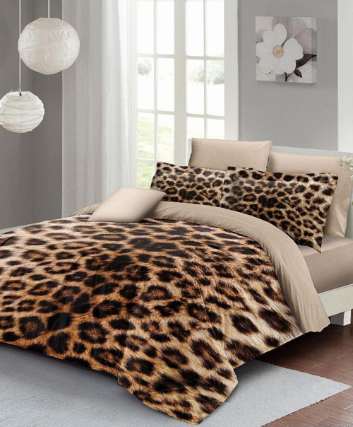 Leopar Lastikli Çarşaflı %100 Pamuk Saten Çift Kişilik Nevresim Takımı Leopard Feathers