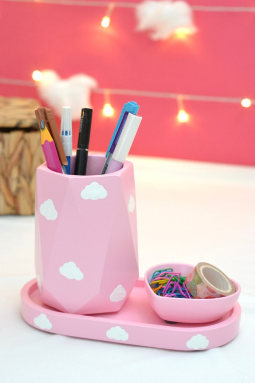 Bulutlu Pembe Organizer Set (3 PARÇA)(KALEMLİK, OVAL TEPSİ VE MİNİ KALP TABAK) | Banyo Organizeri