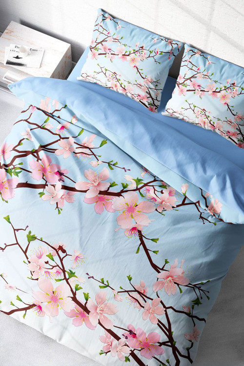 Nevresim Takımı (Lastikli Çarşaflı) Çift Kişilik %100 Pamuk Saten Blue Cherry Blosom
