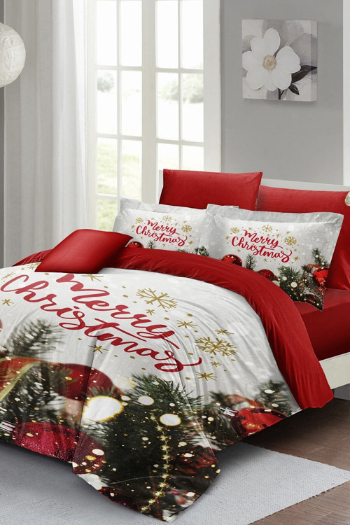 Yılbaşı Nevresim Takımı (Lastikli Çarşaflı) Çift Kişilik %100 Pamuk Saten Merry Christmas