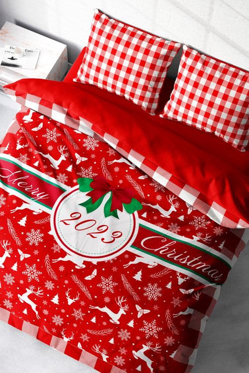 Yılbaşı Süsü 2023 Merry Christmas Çift Kişilik 3D Nevresim Takımı Pamuk Saten