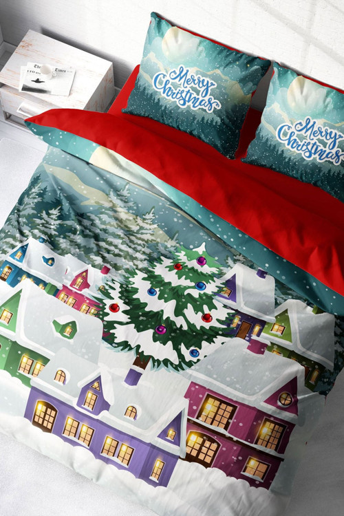 Yılbaşı Süsü Merry Christmas Çift Kişilik 3D Nevresim Takımı Pamuk