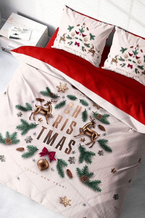 Yılbaşı Süsü Merry Christmas Çift Kişilik 3D Nevresim Takımı Pamuk