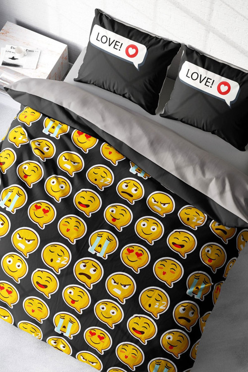 Çift Kişilik Nevresim Seti Sık Dokuma Pamuk Saten 3D Özel Tasarım I Love Emoji (Çarşafsızdır)